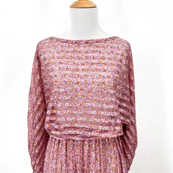 Vintage 80s Dress Womens Small Pink Sheer Striped 3/4 Sleeve Midi Tiny Floral - Picture 3 of 16